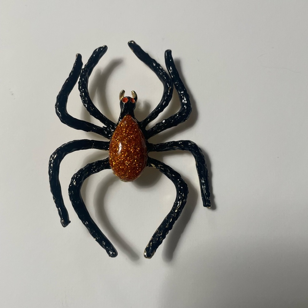 Halloween Black Orange Gold-Tone Spider Brooch Pin Unsigned